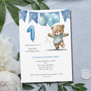 First 1st Birthday Party Baby Boy Bear Balloons Invitation
