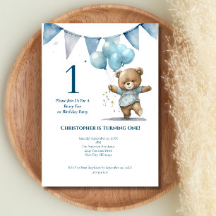 First 1st Birthday Party Baby Boy Bear Balloons Invitation