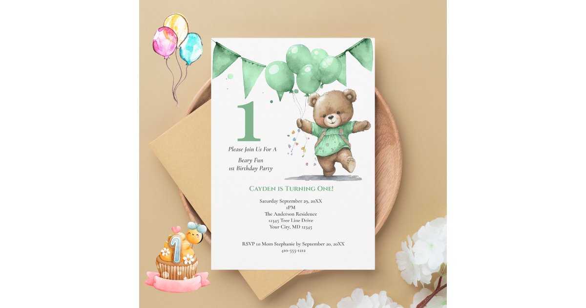 First 1st Birthday Party Baby Boy Bear Balloons Invitation | Zazzle