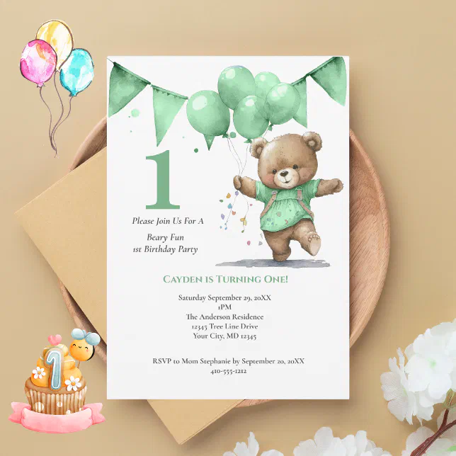 First 1st Birthday Party Baby Boy Bear Balloons Invitation | Zazzle