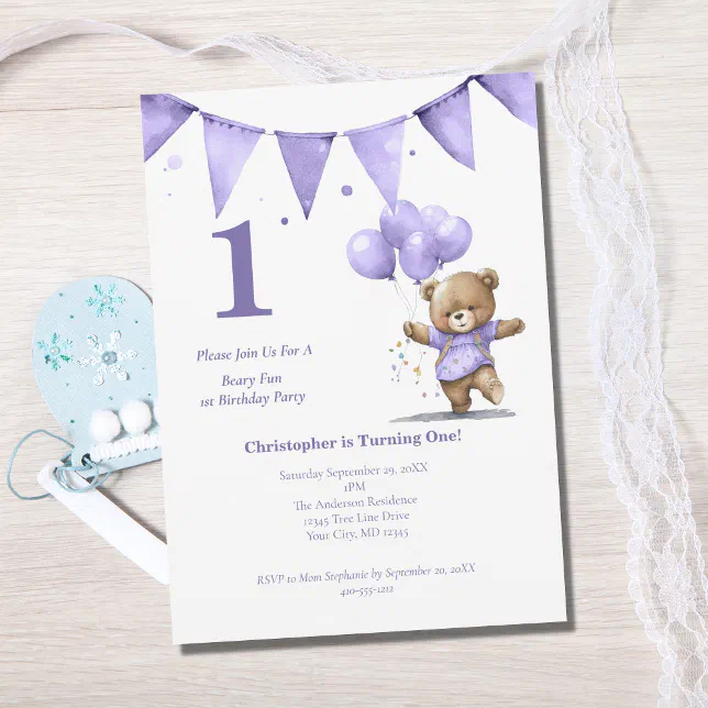 First 1st Birthday Party Baby Boy Bear Balloons Invitation | Zazzle