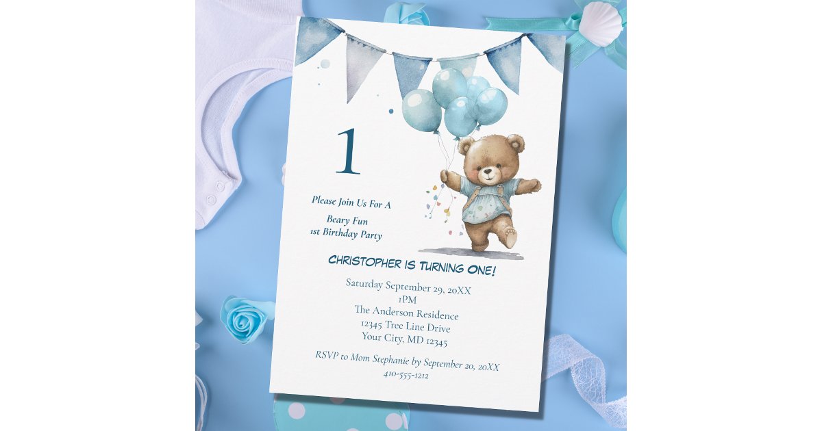 First 1st Birthday Party Baby Boy Bear Balloons Invitation | Zazzle