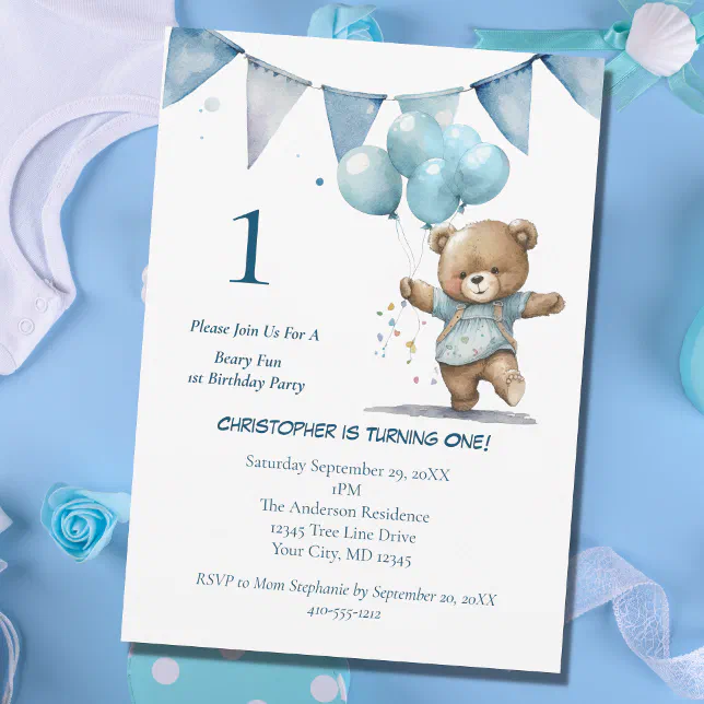 First 1st Birthday Party Baby Boy Bear Balloons Invitation | Zazzle