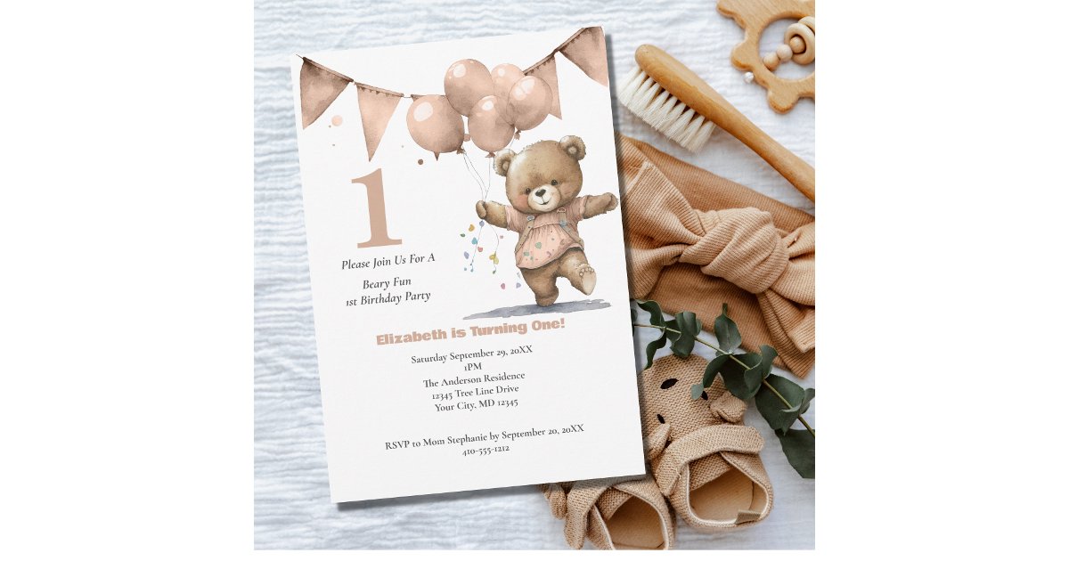 First 1st Birthday Party Baby Girl Bear Balloons Invitation | Zazzle