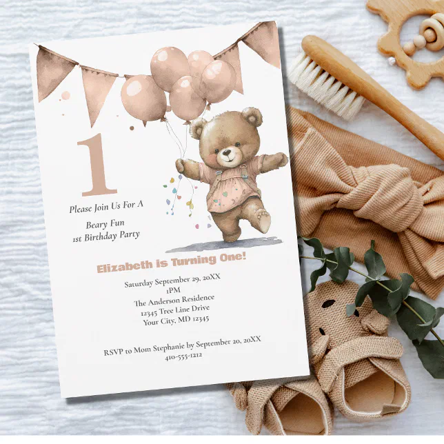 First 1st Birthday Party Baby Girl Bear Balloons Invitation | Zazzle