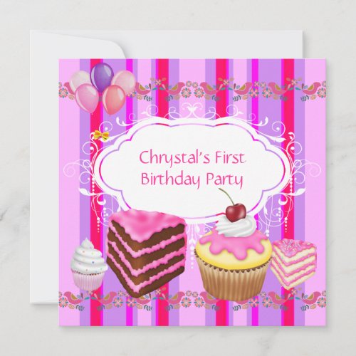 First 1st Birthday Party Girls Pink Sweets Cupcake Invitation