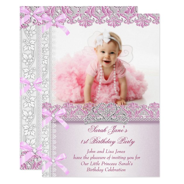 First 1st Birthday Party Girls Princess Pink Photo Card