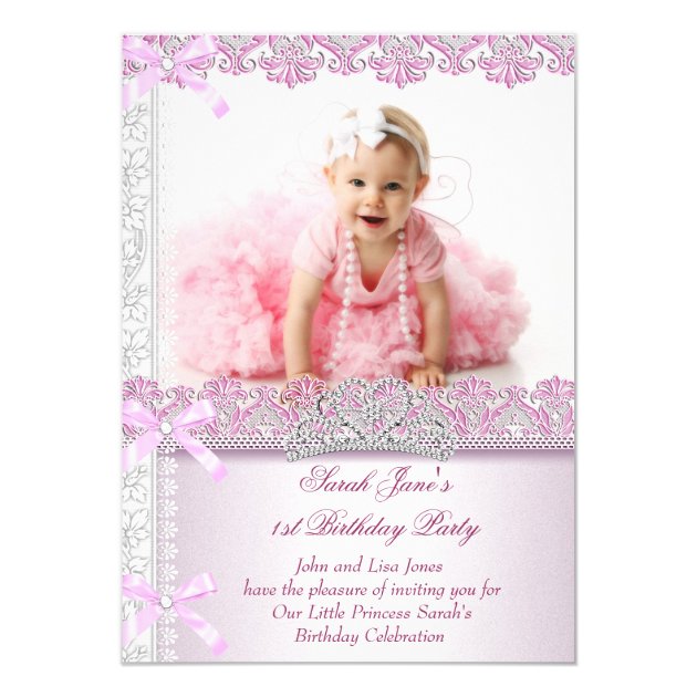 First 1st Birthday Party Girls Princess Pink Photo Card