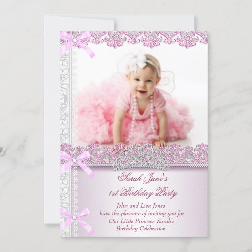 First 1st Birthday Party Girls Princess Pink Photo Invitation