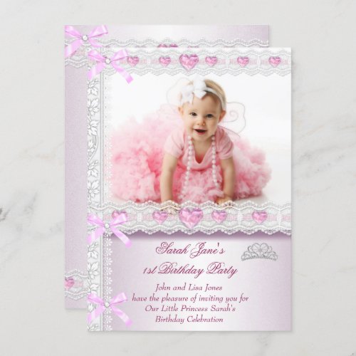 First 1st Birthday Party Girls Princess Pink Photo Invitation