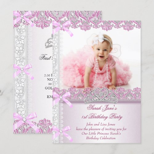 First 1st Birthday Party Girls Princess Pink Photo Custom Invite