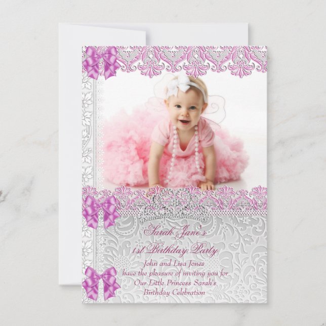 First 1st Birthday Party Girls Princess Pink Photo Invitation (Front)