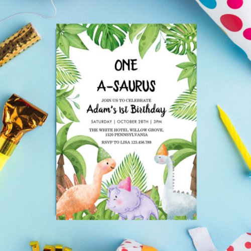 First 1st Birthday Party Watercolor Dinosaurs  Invitation