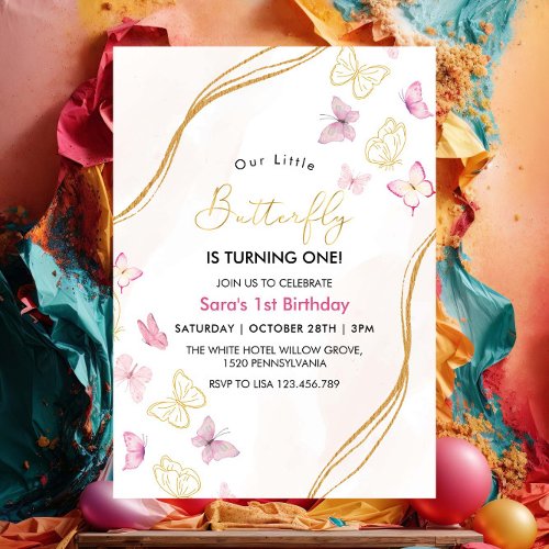First 1st Birthday Pink and Gold Butterfly Theme Invitation