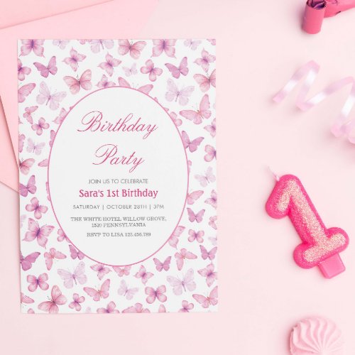 First 1st Birthday Pink and purple Butterflies Invitation