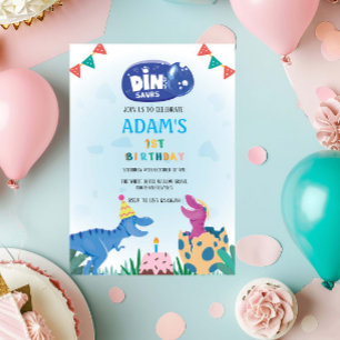 First 1st Birthday Pink & Blue Dinosaur Invitation