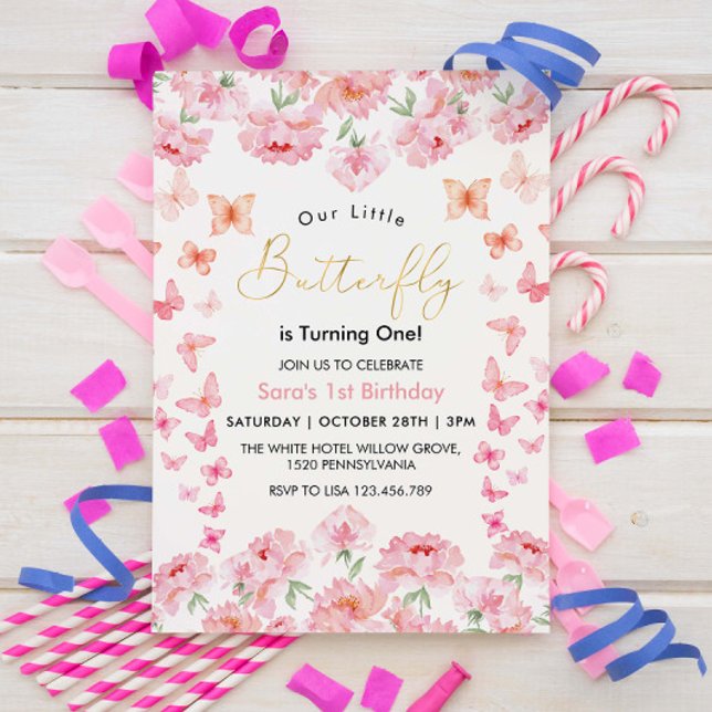 First 1st Birthday Pink Butterfly & Flower Invitation (Creator Uploaded)