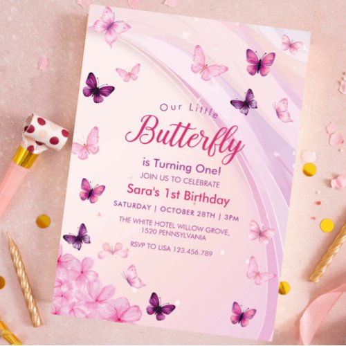First 1st Birthday Pink  purple Butterflies Party Invitation