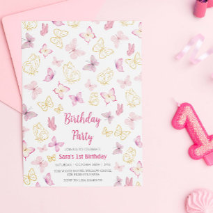 First 1st Birthday Pink Watercolor Butterfly Invitation