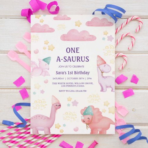 First 1st Birthday Pink Watercolor Dinosaurs Invitation