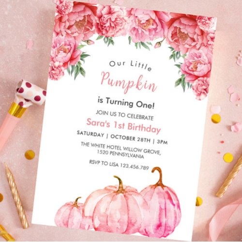 First 1st Birthday Pumpkin and Pink Floral Party Invitation