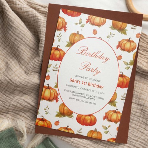 First 1st Birthday Pumpkin Watercolor Invitation