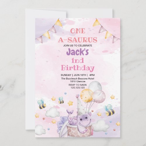 First 1st Birthday Purple Dinosaur watercolor star Invitation