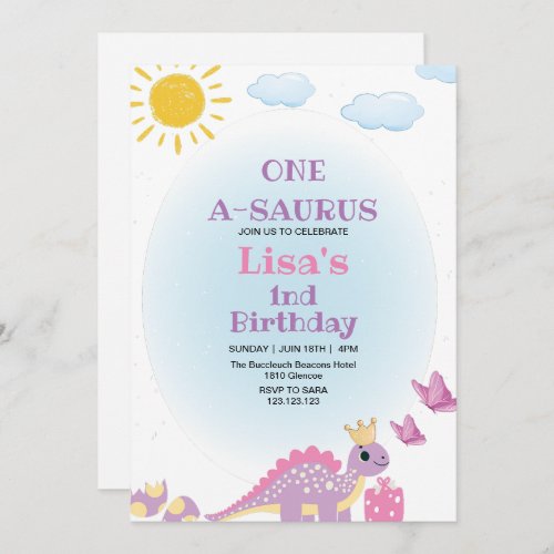 First 1st Birthday Queen Dinosaur Watercolor  Invitation