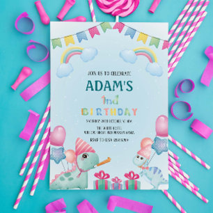 First 1st Birthday Rainbow & Green Dinosaur Invitation