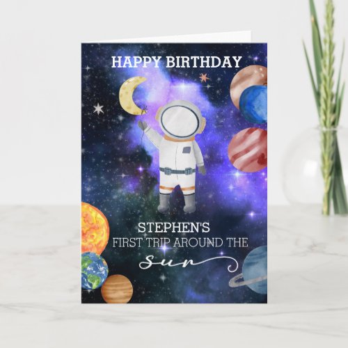 First 1st Birthday Space Astronaut Galaxy Planet Card