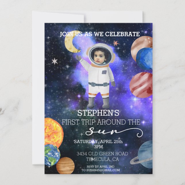 First 1st Birthday Space Astronaut Galaxy Planets  Invitation (Front)