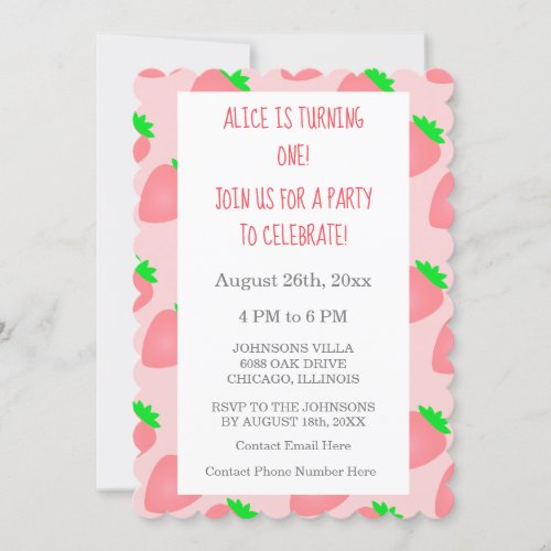 First 1st Birthday Strawberry Pink Baby Girl Cool Invitation