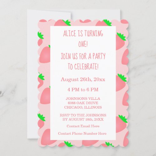 First 1st Birthday Strawberry Pink Baby Girl Cute Invitation