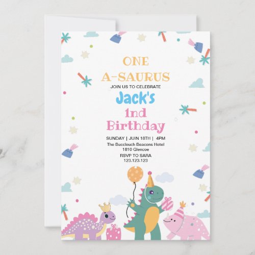 First 1st Birthday Three Cute Dinosaur  Invitation