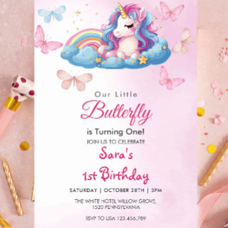 First 1st Birthday Unicorn Pink Butterfly Invitation