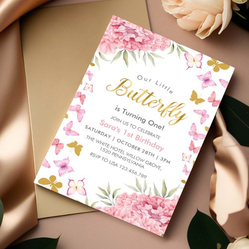 First 1st Birthday Watercolor Butterfly  Flower Invitation