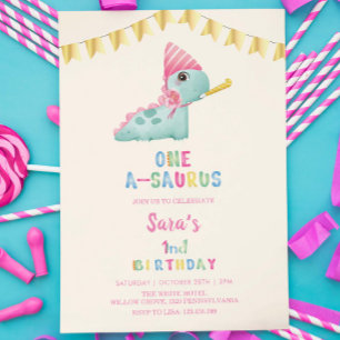 First 1st Birthday Watercolor Dinosaur Gold  Invitation