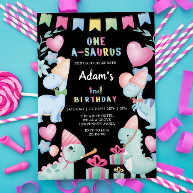 First 1st Birthday Watercolor Dinosaur Party Black Invitation (Creator Uploaded)