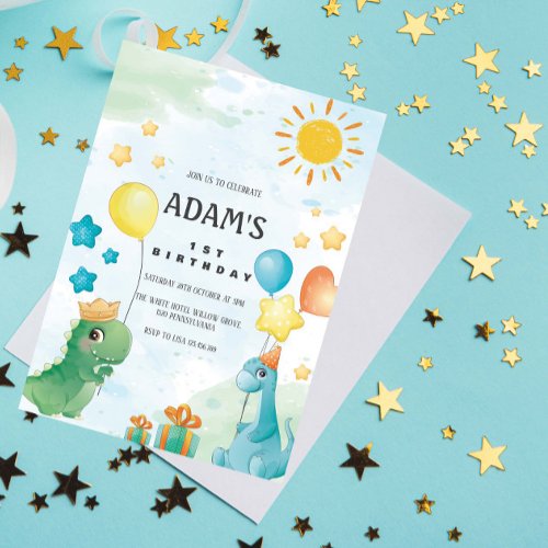 First 1st Birthday Watercolor Dinosaurs  Theme Invitation