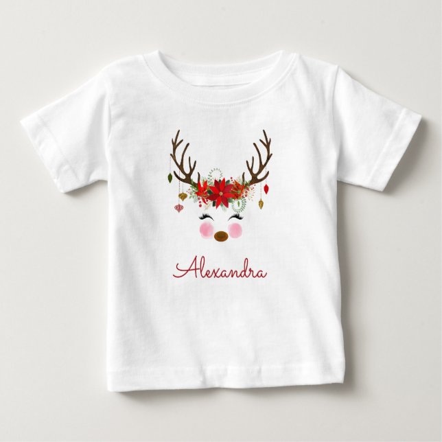 First 1st Christmas Reindeer Monogram Baby T-Shirt (Front)