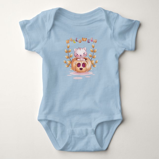 First 1st Cute Cat in Pumpkin Halloween Toddler Ba Baby Bodysuit (Front)
