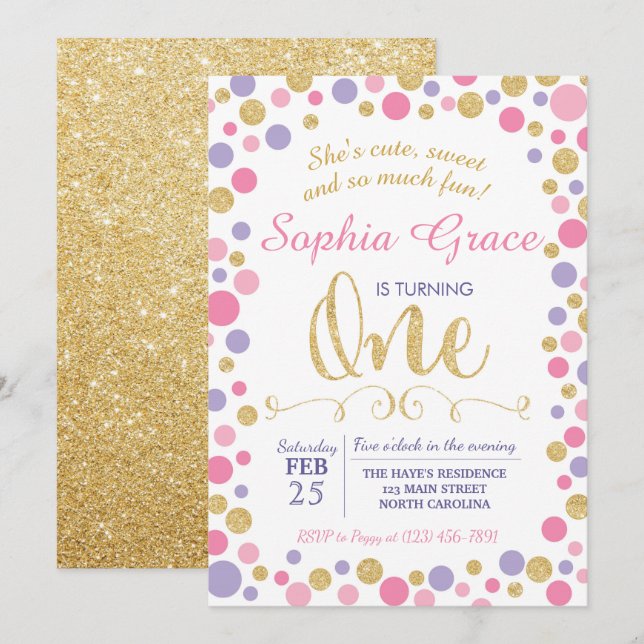 First 1st Girl Birthday Invitation (Front/Back)