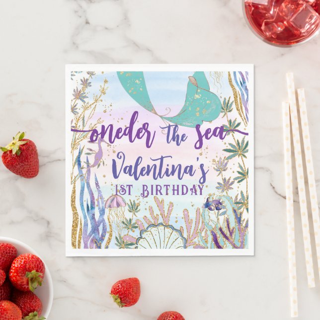 First 1st ONEder the Sea Birthday Mermaid Glitter Napkins (Insitu)