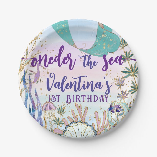 First 1st ONEder the Sea Birthday Mermaid Glitter Paper Plates (Front)