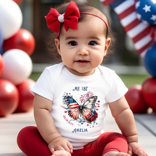 First 4th of July American Flag Butterfly Name Baby Bodysuit