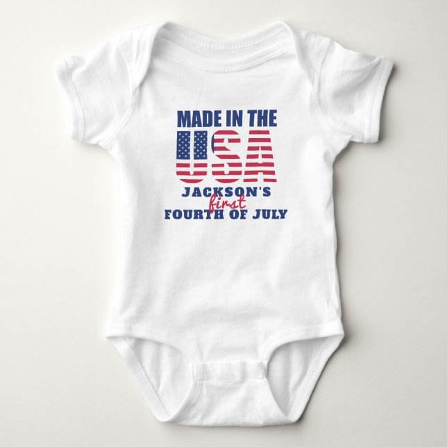 First 4th of July Made in the USA Personalized Baby Bodysuit (Front)