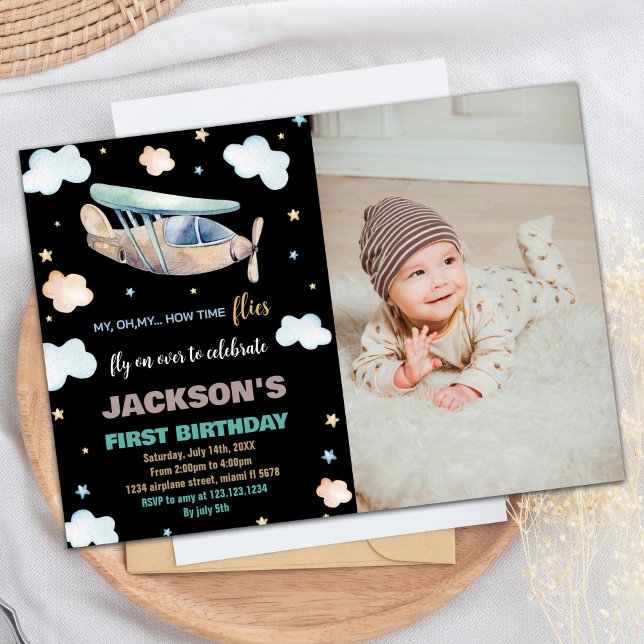 First Airplane Birthday Invitations Black w photo (First Airplane Birthday Invitations Black w photo)