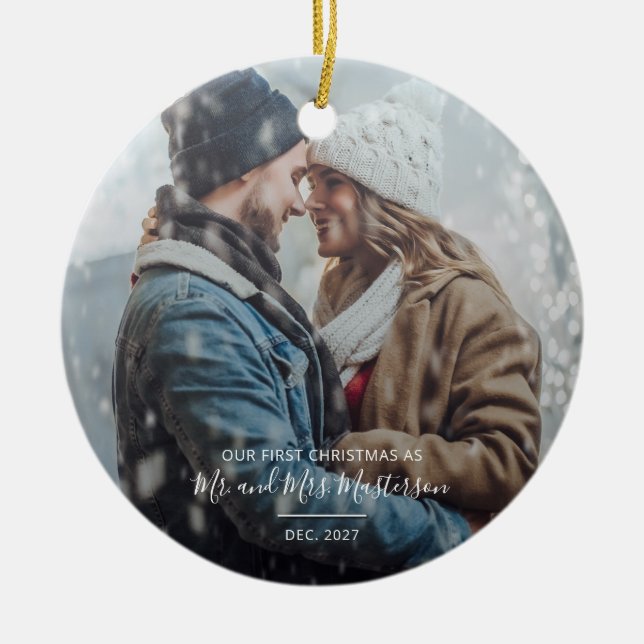 First Anniversary as Mr and Mrs Christmas Photo Ceramic Ornament (Front)