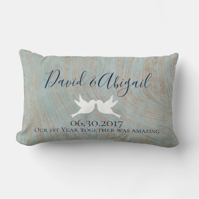 First Anniversary Gift Blue and Copper Lumbar Pillow (Front)