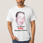 First Annual Gillis Bachelor Party T-Shirt<br><div class="desc">This Hilarious new t shirt portrays our bumbling bachelor's giant head.  It also indicates that maybe this won't be his LAST hurrah.</div>